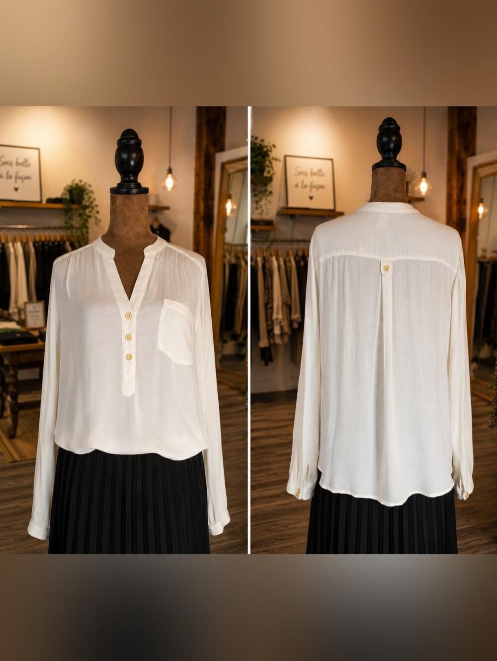 L/G Forever 21 Cream Button-Front V-Neck Blouse
